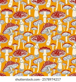 Seamless pattern of fly agarics. Vector cartoon icon design. Poisonous mushroom seamless pattern concept.