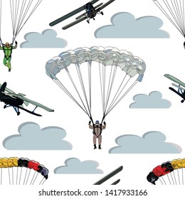 seamless pattern of flying aircraft figures,multi-colored skydivers and blue clouds on white background