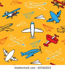 Seamless pattern of flying aircraft. Vector image hand-drawn. Colorful and white airplanes on a yellow background. Can be used for Wallpaper, fabrics, packaging.
