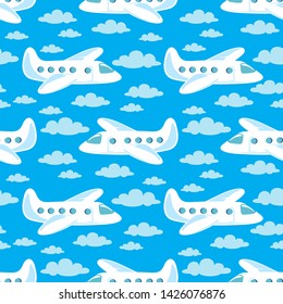 Seamless pattern with flying airplane. Tourism symbol. Vector illustration. Design element for fabric, wallpaper or wrapping paper.