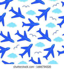 Seamless pattern with flying airplanes and clouds.