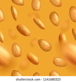 Seamless pattern with flying almonds. Realistic vector illustration. Template for print and packaging design, website, postcard, textile, clothing. Photorealistic vector background. EPS10