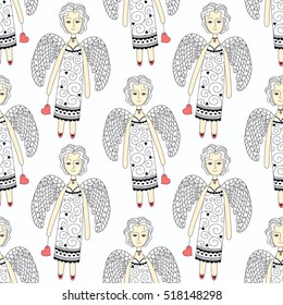 seamless pattern with flying angels with heart on a light background
