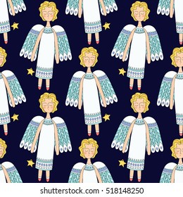 seamless pattern with flying angels with stars on a dark blue background