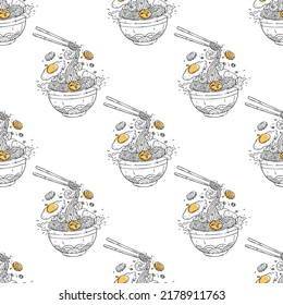 seamless pattern flying asian noodle on bowl. hand drawing japanese ramen 