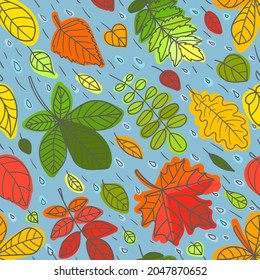 Seamless pattern with flying autumn leaves and rain. Doodle style .For the design of backgrounds, wallpapers, textures, fabrics, wrapping paper, etc.Vector