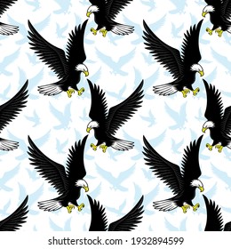 Seamless pattern with flying bald eagles on a white background.