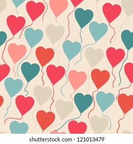 Seamless pattern with flying balloons in the shape of a heart.