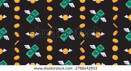 Seamless pattern with flying banknotes, gold coins and currency symbols. Financial art perfect for investment, profit growth and banking themed design. Vector illustration on black background