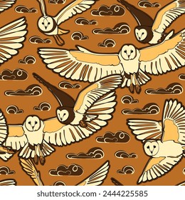 Seamless pattern with flying barn owls. Vector illustration.