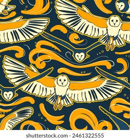 Seamless pattern with flying barn owls. Vector illustration.