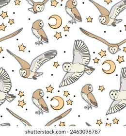 Seamless pattern with flying barn owls, stars and crescents. Vector illustration.