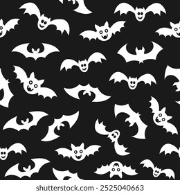 Seamless pattern with flying bats. Monochrome Halloween background texture.