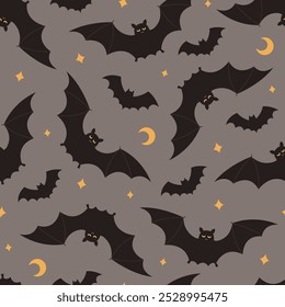 Patrón sin fisuras con murciélagos voladores, lunas y estrellas sobre fondo gris. Noche de Halloween. Siluetas de animales vampiros. Ilustración plana de Vector