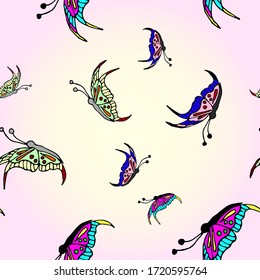 Patrón sin inconvenientes con vuelo y hermosas mariposas en un fondo rosado. Ilustración vectorial hecha a mano.Perfecto para invitaciones, tarjetas, impresiones, volantes, carteles.
