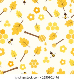 Seamless pattern of flying bee, autumn leaves, beehive, flower and wooden dipper on yellow background vector illustration. Cute cartoon style.