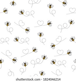 Seamless pattern with flying bees. Cartoon doodle cute bees with dotted lines vector illustration.