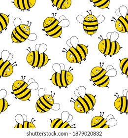 Seamless Pattern with flying bees. Cartoon cute bee characters with emotions.