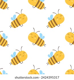 seamless pattern with flying bees, cartoon brown and yellow bees isolated on white background, flat vector illustration