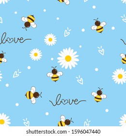 Seamless pattern of flying bees and daisy flower on blue background. cute cartoon character vector illustration.