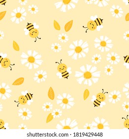 Seamless pattern with flying bees and daisy flower on yellow background vector illustration. Flat design.