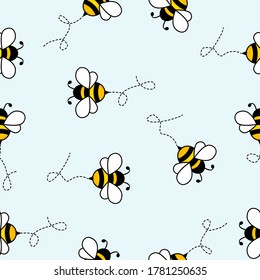 Seamless Pattern with flying bees with dotted lines. Vector Cartoon black and yellow bees isolated on white background. Cartoon doodle cute bees seamless blue pattern