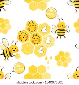 Seamless pattern with flying bees in garden vector illustration on white background,hand drawn fonts Be Happy