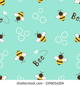 Seamless pattern of flying bees with hearts on green background. cute cartoon character vector illustration.