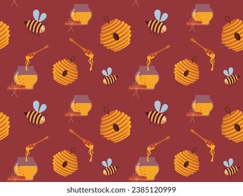 Seamless pattern of flying bees and jars of honey on a red background. Illustration for background, banner, sticker and greeting card. Cute repeating pattern