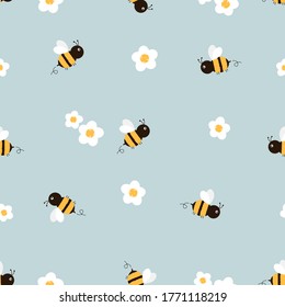 Seamless pattern of flying bees and little flowers on a blue background vector illustration. Cute cartoon character.
