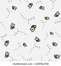 Seamless Pattern with Flying Bees on a White Background