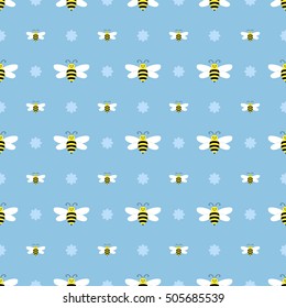 Seamless pattern with flying bees on a blue background