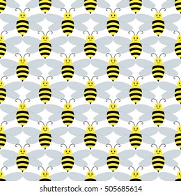 Seamless pattern with flying bees on a white background