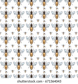Seamless pattern with flying bees on a white background