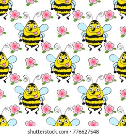 Seamless Pattern with Flying Bees on a White Background