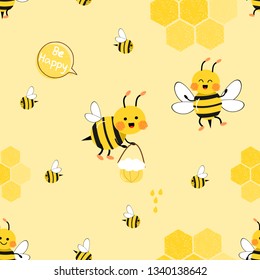 Seamless pattern with flying bees  vector illustration on yellow background,hand drawn fonts Be Happy