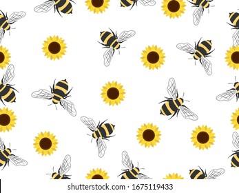 Seamless Pattern with flying bees.
Vector Cartoon black and yellow bees isolated on white background. Cartoon doodle cute bees seamless line pattern