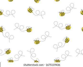 Seamless Pattern with flying bees.
Vector Cartoon black and yellow bees isolated on white background. Cartoon doodle cute bees seamless line pattern