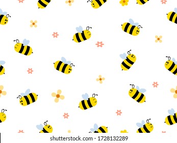 Seamless Pattern with flying bees.
Vector Cartoon black and yellow bees isolated on white background. Cartoon doodle cute bees seamless line pattern