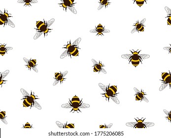 Seamless Pattern with flying bees. Vector Cartoon black and yellow bees isolated on white background. Cartoon doodle cute bees seamless pattern