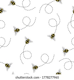 Seamless Pattern with flying bees. Vector Cartoon black and yellow bees isolated on white background. Cartoon doodle cute bees seamless with dotted lines pattern