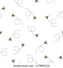 Seamless Pattern with flying bees. Vector Cartoon black and yellow bees isolated on white background. Cartoon doodle cute bees seamless with dotted lines pattern