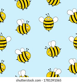Seamless Pattern with flying bees. Vector Cartoon black and yellow bees isolated on white background. Cartoon doodle cute bees seamless blue pattern