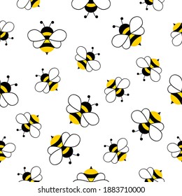 Seamless Pattern with flying bees. Vector Cartoon black and yellow bees isolated on white background.