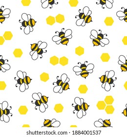 Seamless Pattern with flying bees. Vector Cartoon black and yellow bees isolated on white background.