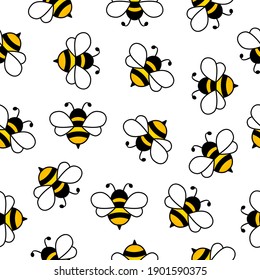 Seamless pattern with flying bees. Vector cartoon black and yellow bees isolated on white background.