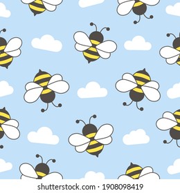 Seamless pattern with flying bees. Vector cartoon black and yellow bees with clouds isolated on blue background.