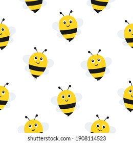 Seamless pattern with flying bees. Vector cartoon black and yellow bees isolated on white background.