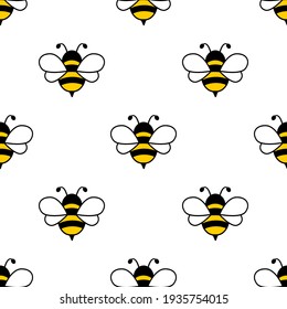 Seamless pattern with flying bees. Vector cartoon black and yellow bees isolated on white background.