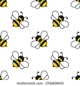 Seamless pattern with flying bees. Vector cartoon black and yellow bees isolated on white background.